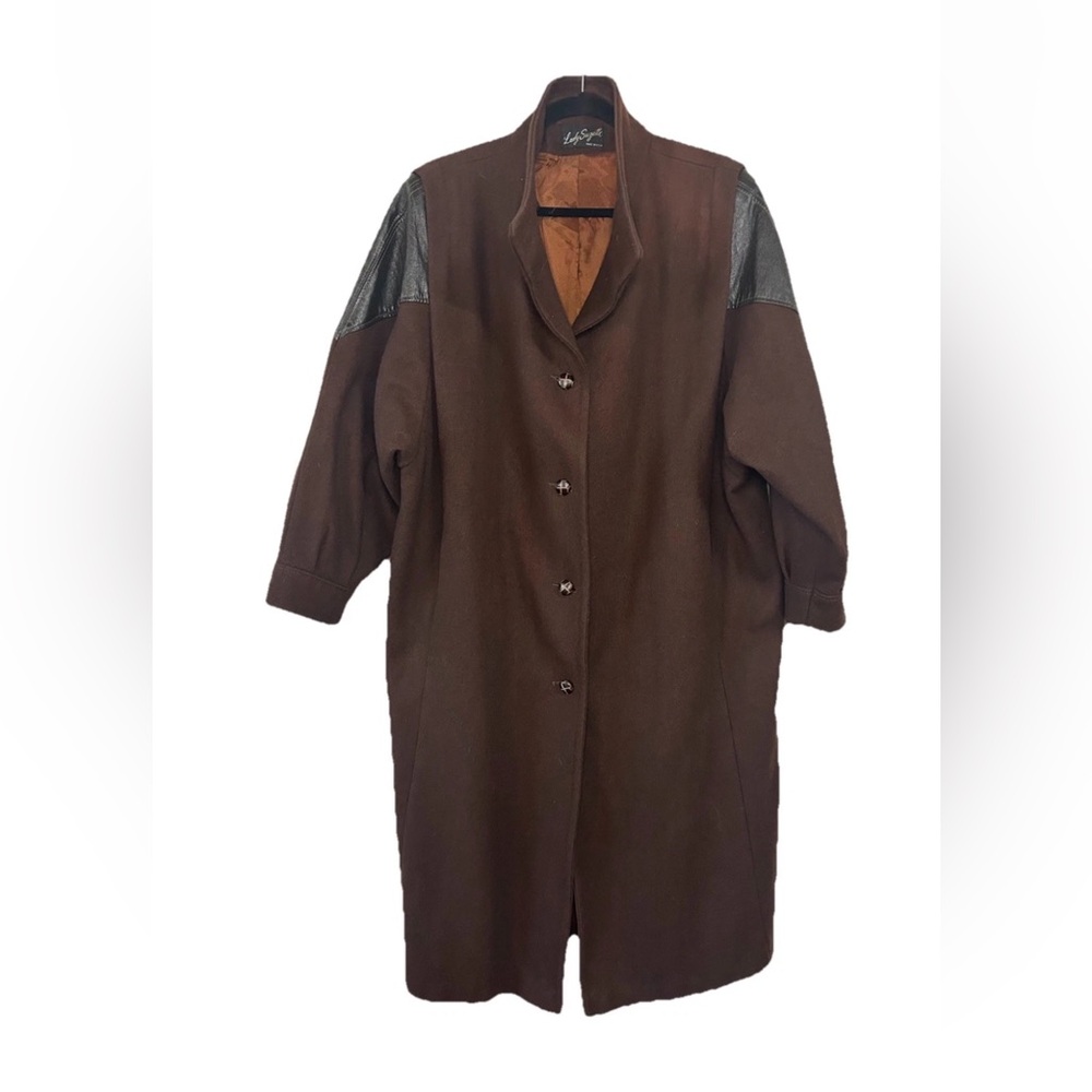 VTG Womens Brown Wool & Leather Maxi Duster Coat USA Oversized 80s XXL Bohemian - Picture 10 of 16